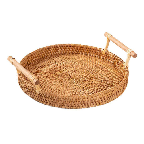 (28cm) Handmade Round Basket With Handle Coffee Tea Serving Tray Holder 2
