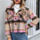 (Pink, S) Women's Vintage Plaid Loose Shacket Button Down Long Sleeve Wool Coat with Pockets Black S 5
