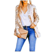 (CHAMPAGNE, L) Women's Sequin Blazer Bomber Jacket with Glitter Sleeves