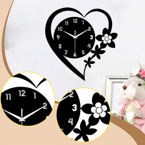 (Black) Modern Acrylic Heart Wall Clock Silent Non Ticking Creative Decor 1