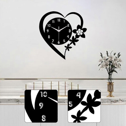 (Black) Modern Acrylic Heart Wall Clock Silent Non Ticking Creative Decor 2