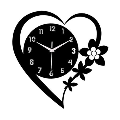 (Black) Modern Acrylic Heart Wall Clock Silent Non Ticking Creative Decor