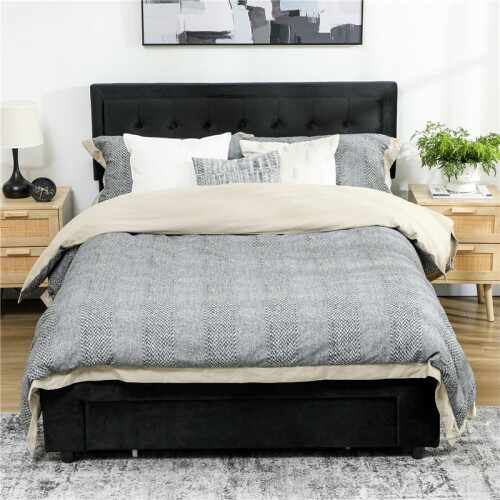 King Size Ottoman Bed Frame, with Front Drawer - Black 2