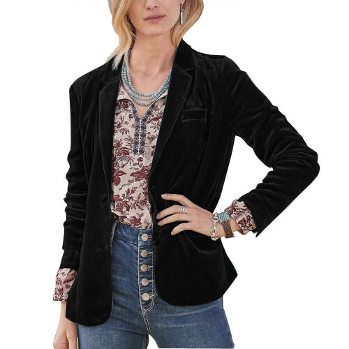 (Black, L) Women's Casual Button Front Cardigan Blazer with Pockets for Work