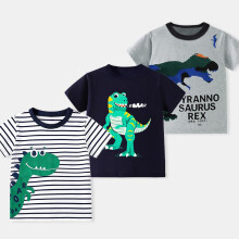 (gray, 7Y(130cm)) 2026 Spring Summer Boys Short Sleeve Tee Cartoon Animal Striped Round Neck Printed Kids Top
