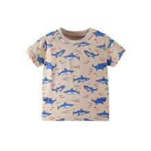 (blue, 7Y（130cm）) 2026 Spring Summer Kids Short Sleeve T-Shirt Cartoon Shark Print Round Neck Boys Girls Casual Top