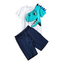 (white, 5Y（110cm）) Boys Short Sleeve T-Shirt Set with Dinosaur Print Kids Shorts Summer Casual 2-Piece Outfit