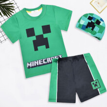 (green, 100 yards) Minecraft Kids Swimsuit 3-Piece Set Boys Girls Beach Bathing Suit UV Protection Rash Guard