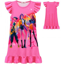 (Rose pink, 110 yards) Girls Flutter Sleeve Ruffle Nightgown K-POP Huntress Girls Print Mid-Length Cotton Sleepwear for Kids Ages 6-12