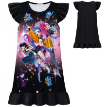 (BLACK, 110 yards) K-POP Huntress Girls Print Ruffle Sleeve Nightgown for Kids Toddler Girls Summer Short Sleeve Sleepwear Soft Cotton Dress