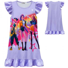 (purple, 110 yards) K-POP Hunter Witch Girl Group Print A-Line Sleeve Ruffled Nightgown for Girls Toddler Kids Cotton Short Sleeve Summer Dress