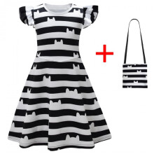 (black, 100 yards) Girls Cosplay Print Dress with Bow Sleeves Princess Costume for Kids with Handbag
