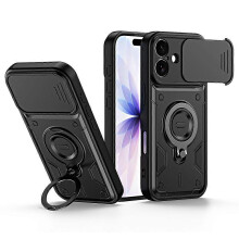 (Black) Compatible For iPhone 17 Case with Slide Lens Cover Rotatable Kickstand Shockproof TPU + PC Phone Shell