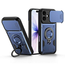(Azure) Compatible For iPhone 17 Case with Slide Lens Cover Rotatable Kickstand Shockproof TPU + PC Phone Shell