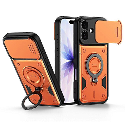 (Orange) Compatible For iPhone 17 Case with Slide Lens Cover Rotatable Kickstand Shockproof TPU + PC Phone Shell