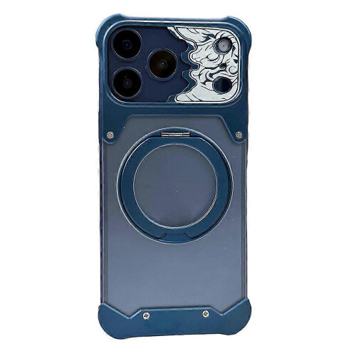 (Blue) Compatible For iPhone 17 Pro Frameless Case Magnetic Kickstand Horse Pattern Translucent Matte PC Phone Cover