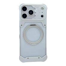 (Silver) Compatible For iPhone 17 Pro Frameless Case Magnetic Kickstand Horse Pattern Translucent Matte PC Phone Cover
