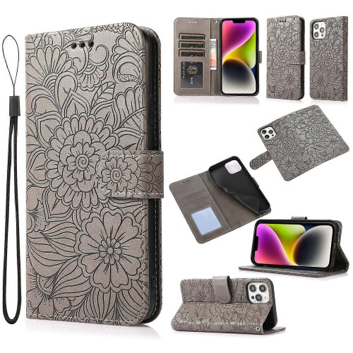 (Gray) For iPhone 13 Pro Skin Feel Embossed Sunflower Horizontal Leather Case