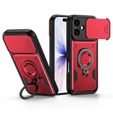 (Red) Compatible For iPhone 17 Case with Slide Lens Cover Rotatable Kickstand Shockproof TPU + PC Phone Shell