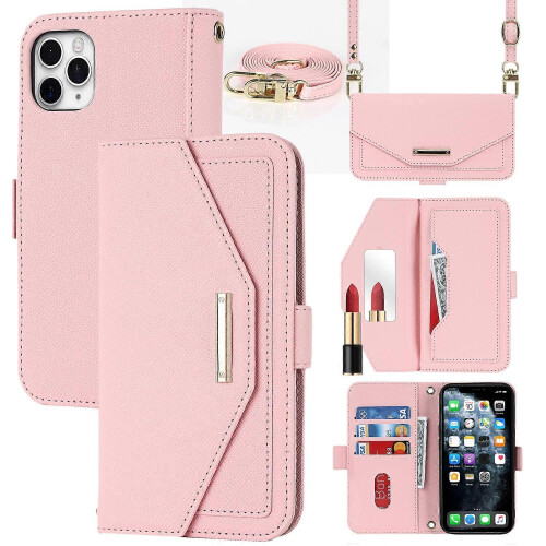 (Pink) For iPhone 11 Pro Cross Texture Lanyard Leather Phone Case