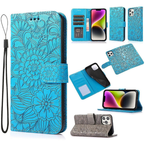 (Blue) For iPhone 13 Pro Skin Feel Embossed Sunflower Horizontal Leather Case