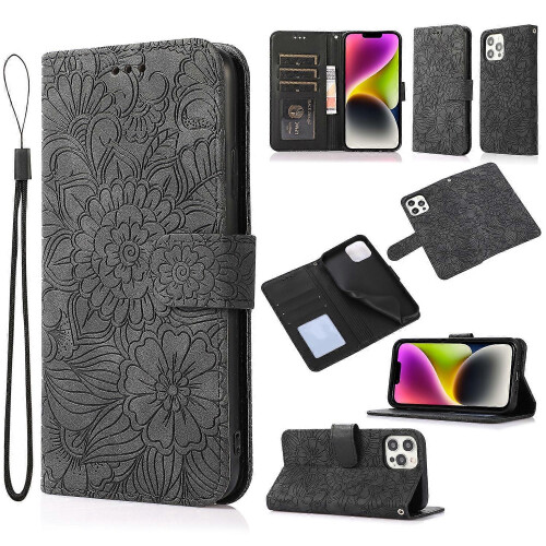 (Black) For iPhone 13 Pro Skin Feel Embossed Sunflower Horizontal Leather Case