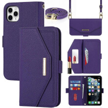 (Purple) For iPhone 11 Pro Cross Texture Lanyard Leather Phone Case