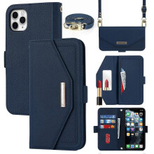 (Blue) For iPhone 11 Pro Cross Texture Lanyard Leather Phone Case