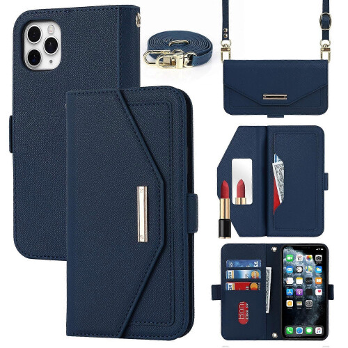 (Blue) For iPhone 11 Pro Cross Texture Lanyard Leather Phone Case