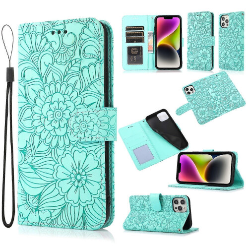 (Green) For iPhone 13 Pro Skin Feel Embossed Sunflower Horizontal Leather Case