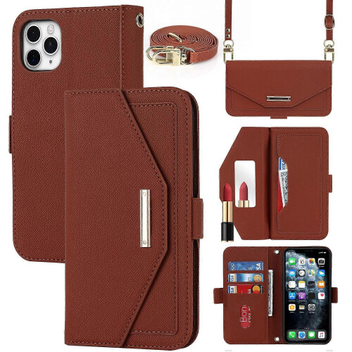 (Brown) For iPhone 11 Pro Cross Texture Lanyard Leather Phone Case