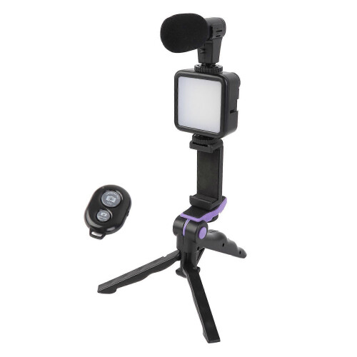 Phone Vlog Video Kit with Table Tripod Phone Holder with Cold Shoe Microphone LED Video Light Remote Shutter