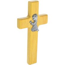 Yellow Wooden Cross Wall Ornament Praying Girl Statue for Wall Decor