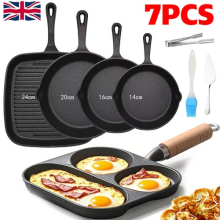 7PCS Cast Iron Non Stick Skillet Griddle Cooking Pan Pre-Seasoned Frying Pan UK