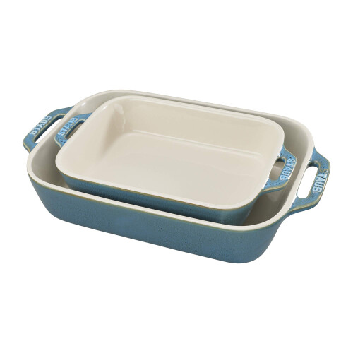 Staub Ceramic Rectangular Baking Dish Set Casserole Dish 2-Piece Rustic Turquoise