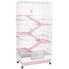 PawHut 60"""" Small Animal Cage with Wheels 6-Level Portable Bunny Cage Chinchilla Ferret Cage with Removable Tray Platforms and Ramps Pink