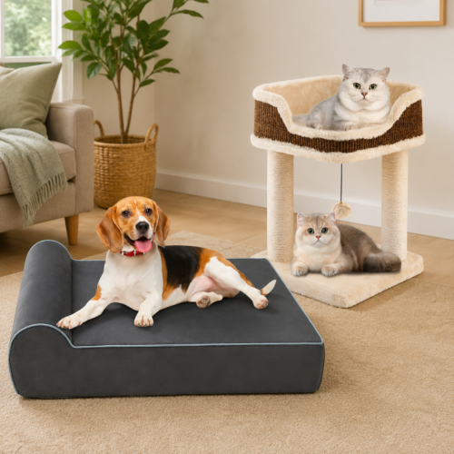 Multi-Pet Comfort Set (2-Piece) – Memory Foam Dog Bed & Compact Plush Cat Tree 1