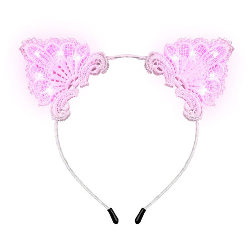 White Lace Kitty Cat Ears Headband with Pink LED Lights 2