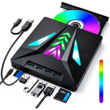 External USB 3.0 CD/DVD Drive with 4 USB  and /TF Card Reader,+/-RW ROM Burner with LED Light for Laptop, PC