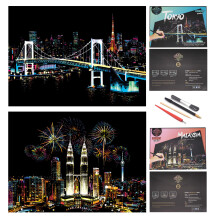 Scratch Paper Rainbow Painting Sketch, City Series Night Scene,Scratch Painting Creative Gift,Scratchboard for Adult with 4 Tools(8PACK)