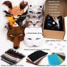 Cat Therian Masks 42PCS with Furs Eye Meshes and Stars, Costume Furry Masks to Paint, Animal Mask Arts Crafts