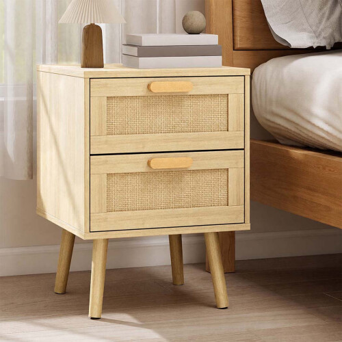 Levede Bedside Table Rattan 2 Pack Drawers Nightstand End Table Bedroom Bamboo
