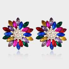 (Rainbow) Alloy Flower Gemstone Ear Drop Earrings Crystal Sunflower Jewelry Fashion Women