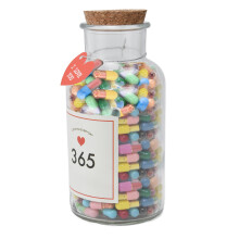 Geschenk 365 Kapseln mit Papier und Glasflasche