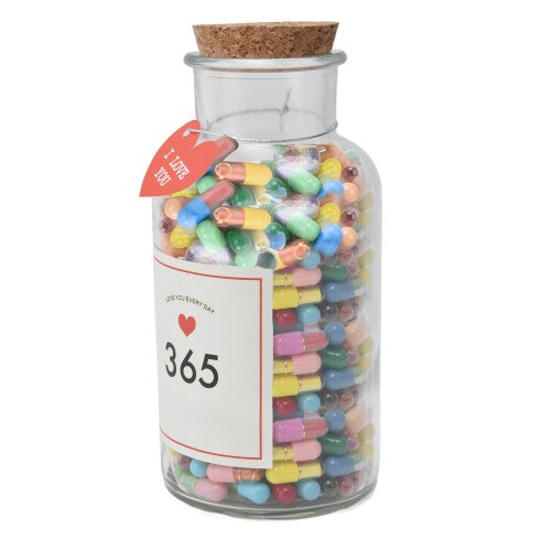 365 Kapselnachrichten mit Glasflasche, bunt