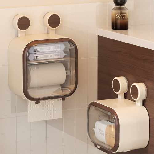 (Beige Double)Waterproof Adhesive Tissue Box With Visible Window For Kitchen Restroom Storage 1