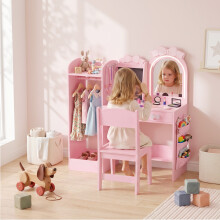 AIYAPLAY Kids Dressing Table with Stool, 2-Colour Lights Mirror, Pink
