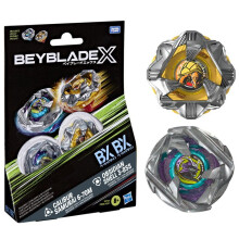 Beyblade X Dual Pack Calibur Samurai 6-70M BX and Obsidian Shell 3-85S BX, 2 right-spin battle tops by Takara Tomy, suitable for ages 8 and up.