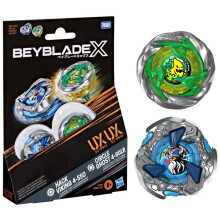 Beyblade X Dual Pack Circle Ghost 4-60LR UX and Hack Viking 4-55O UX, 2 right-spin battle tops by Takara Tomy, suitable for ages 8 and up.