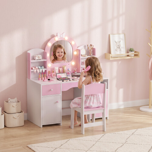 AIYAPLAY Kids Dressing Table with Stool, Lighted Mirror, Pink 1